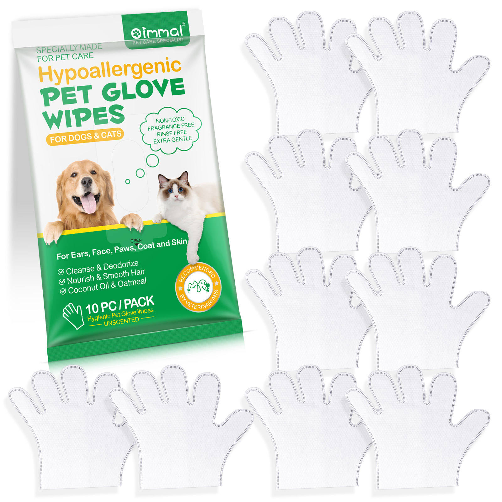Oimmal® - 10 Hypoallergenic Pet Glove Wipes
